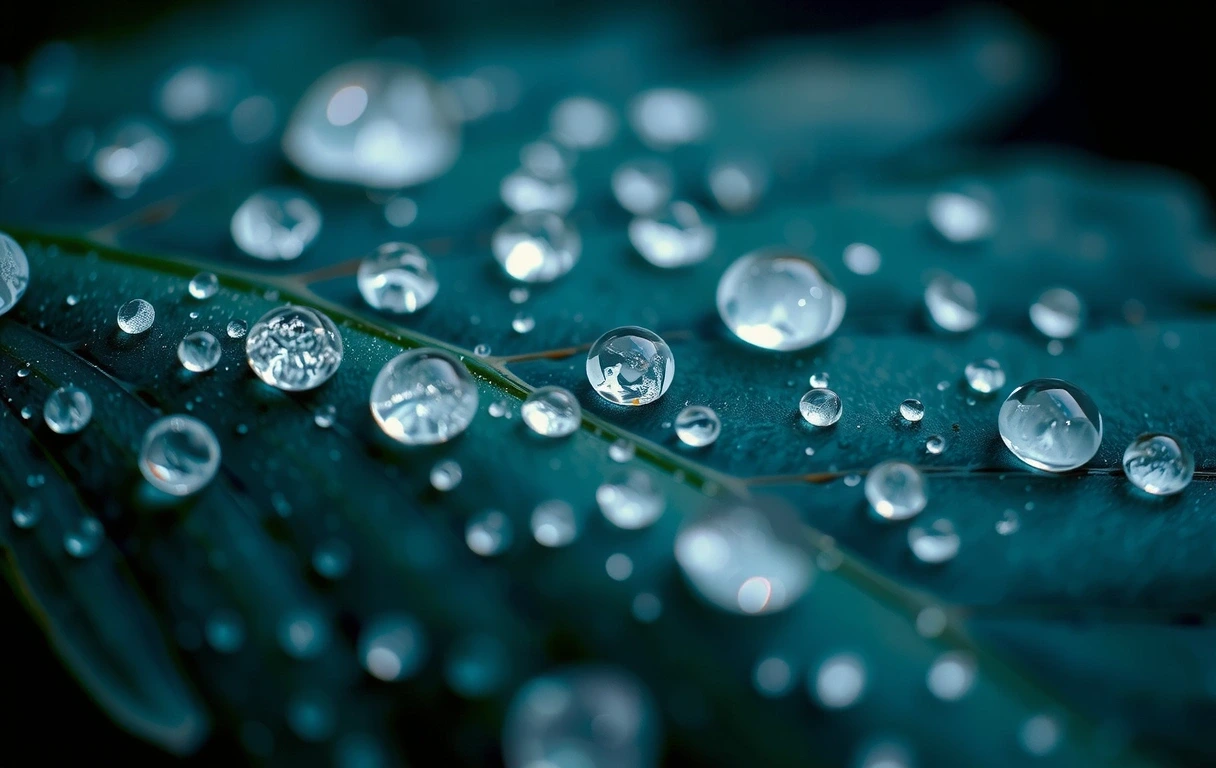 Krople rosy na liściu